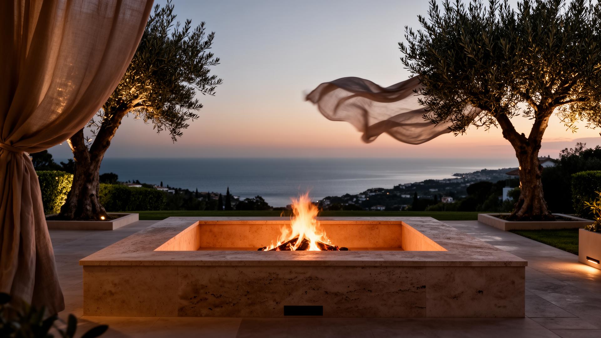 A fire lounge at dusk overlooking the Mediterranean